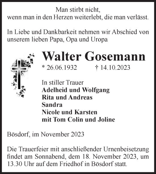 Traueranzeige von Walter Gosemann von Volksstimme Haldensleben/Wolmirstedt