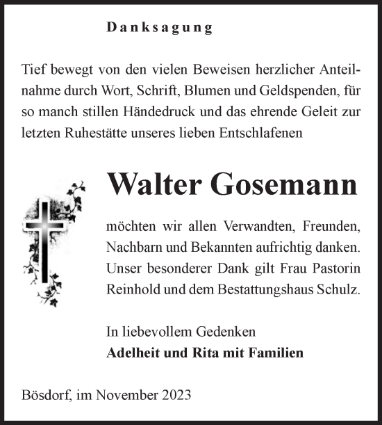 Traueranzeige von Walter Gosemann von Volksstimme Haldensleben/Wolmirstedt