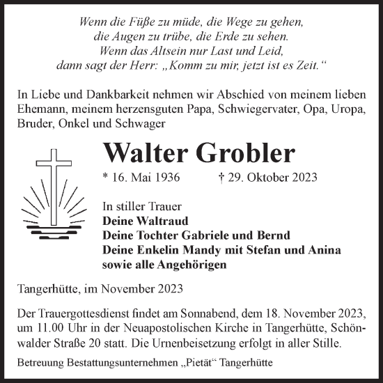 Traueranzeige von Walter Grobler von Volksstimme Altmark Ost