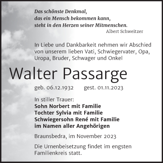 Traueranzeige von Walter Passarge von Trauerkombi Merseburg