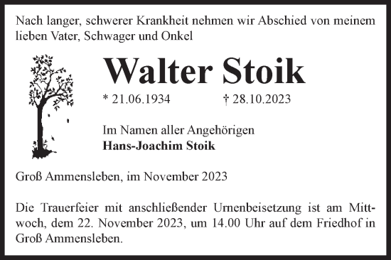 Traueranzeige von Walter Stoik von Volksstimme Haldensleben/Wolmirstedt