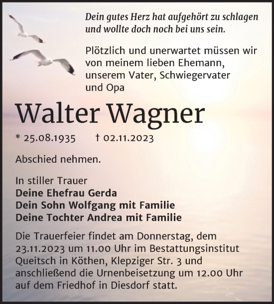 Traueranzeige von Walter Wagner von Trauerkombi Dessau