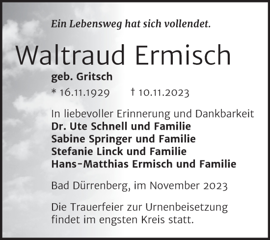 Traueranzeige von Waltraud Ermisch von Trauerkombi Merseburg