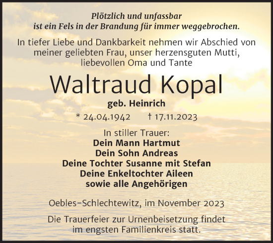 Traueranzeige von Waltraud Kopal von Trauerkombi Merseburg