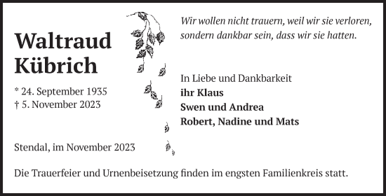 Traueranzeige von Waltraud Kübrich von Volksstimme Altmark Ost