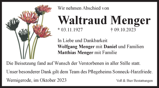 Traueranzeige von Waltraud Menger von Volksstimme Wernigerode
