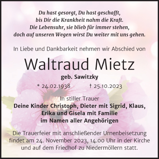 Traueranzeige von Waltraud Mietz von Wochenspiegel Naumburg/Nebra