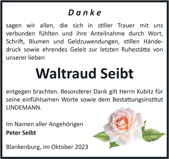 Traueranzeige von Waltraud Seibt von Volksstimme Wernigerode