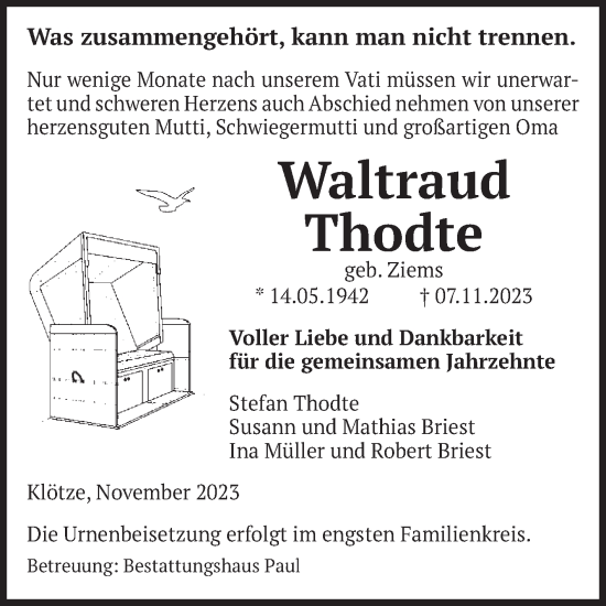 Traueranzeige von Waltraud Thodte von Volksstimme Altmark West
