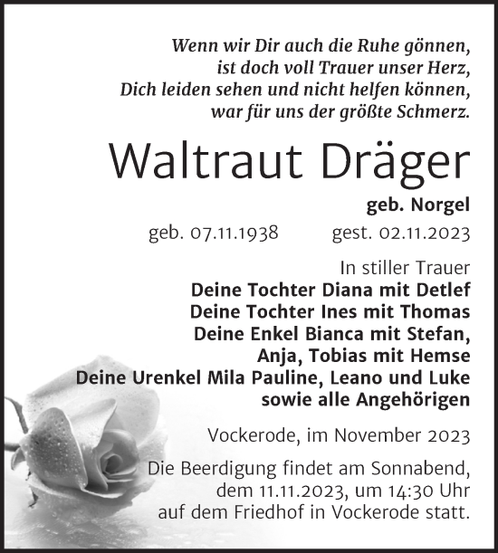 Traueranzeige von Waltraut Dräger von Trauerkombi Wittenberg