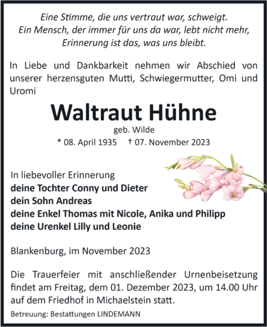 Traueranzeige von Waltraut Hühne von Volksstimme Wernigerode