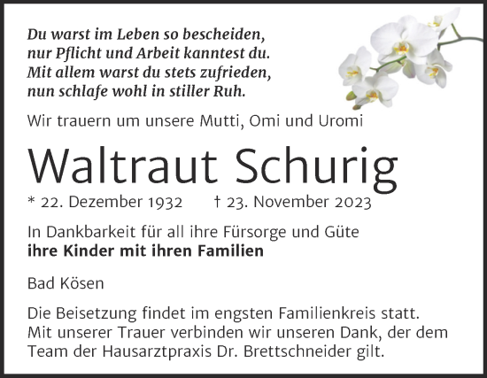 Traueranzeige von Waltraut Schurig von Naumburger Tageblatt
