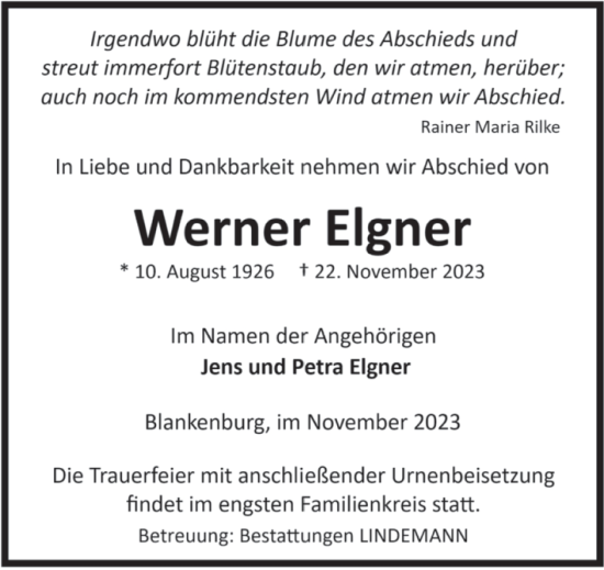 Traueranzeige von Werner Eigner von Volksstimme Wernigerode