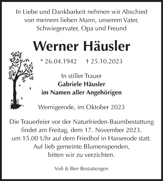 Traueranzeige von Werner Häusler von Volksstimme Wernigerode