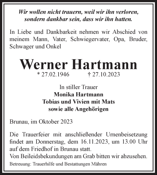Traueranzeige von Werner Hartmann von Volksstimme Altmark West
