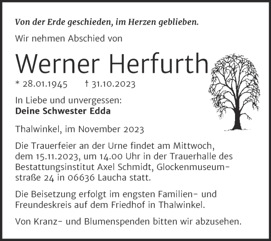 Traueranzeige von Werner Herfurth von Super Sonntag Naumburg/Nebra