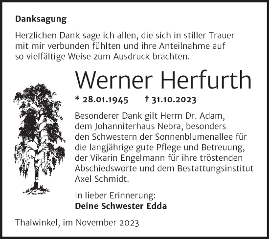 Traueranzeige von Werner Herfurth von Wochenspiegel Naumburg/Nebra