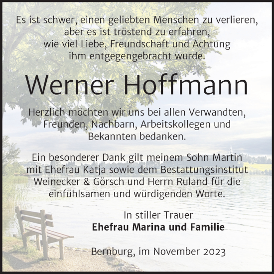 Traueranzeige von Werner Hoffmann von Trauerkombi Bernburg