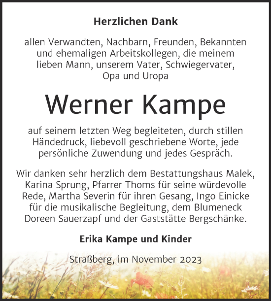 Traueranzeige von Werner Kampe von Trauerkombi Quedlinburg