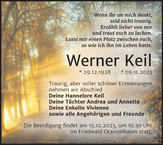 Traueranzeige von Werner Keil von Trauerkombi Wittenberg