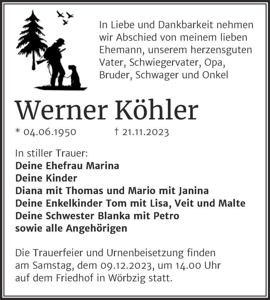  Traueranzeige für Werner Köhler vom 25.11.2023 aus Trauerkombi Köthen