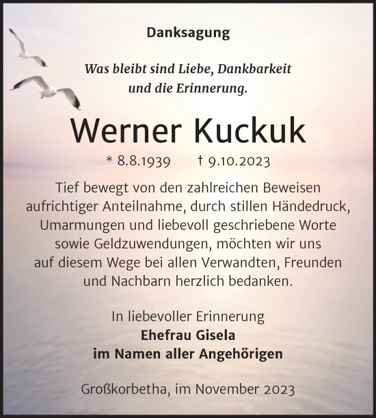 Traueranzeige von Werner Kuckuk von Trauerkombi Weißenfels