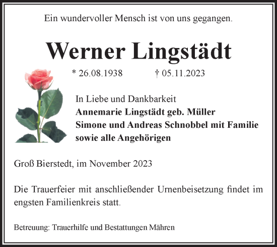 Traueranzeige von Werner Lingstädt von Volksstimme Altmark West