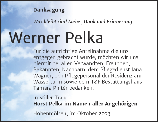 Traueranzeige von Werner Pelka von Trauerkombi Weißenfels