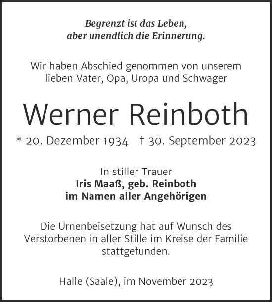 Traueranzeige von Werner Reinboth von Mitteldeutsche Zeitung Halle/Saalkreis