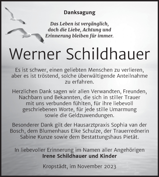 Traueranzeige von Werner Schildhauer von Trauerkombi Wittenberg