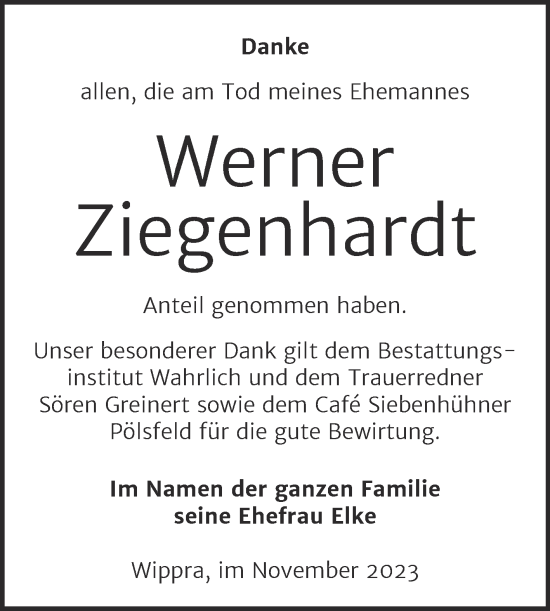 Traueranzeige von Werner Ziegenhardt von Trauerkombi Sangerhausen