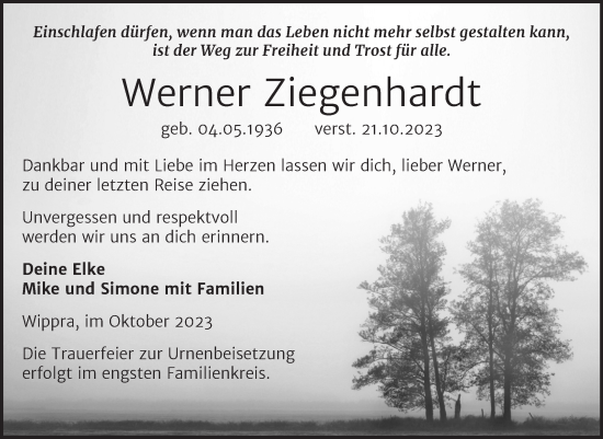 Traueranzeige von Werner Ziegenhardt von Trauerkombi Sangerhausen