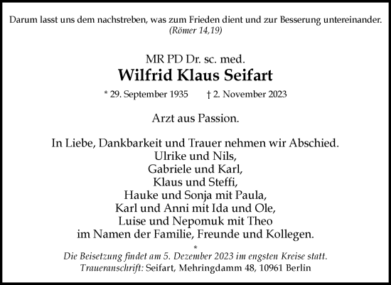Traueranzeige von Wilfrid Klaus Seifart von Trauerkombi Weißenfels