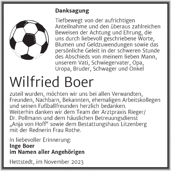 Traueranzeige von Wilfried  Boer von Trauerkombi Mansfelder Land