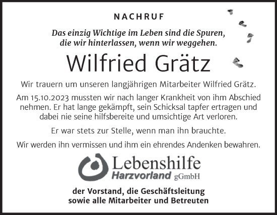 Traueranzeige von Wilfried Grätz von Super Sonntag Aschersleben
