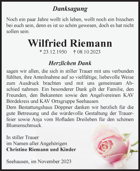 Traueranzeige von Wilfried Riemann von Volksstimme Oschersleben/Wanzleben