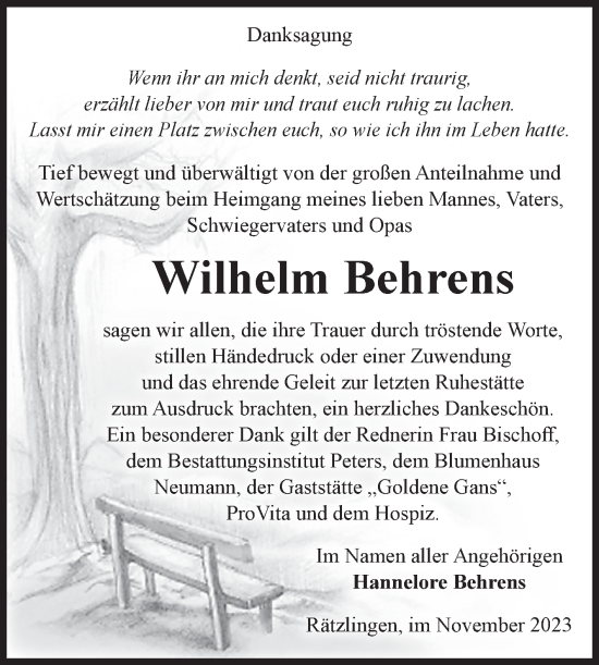 Traueranzeige von Wilhelm Behrens von Volksstimme Haldensleben/Wolmirstedt