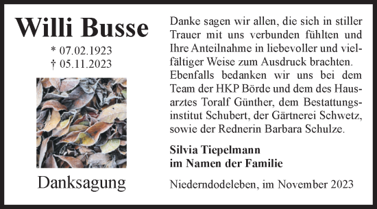 Traueranzeige von Willi Busse von Volksstimme Magdeburg