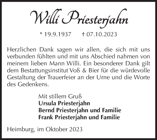 Traueranzeige von Willi Priesterjahn von Volksstimme Wernigerode