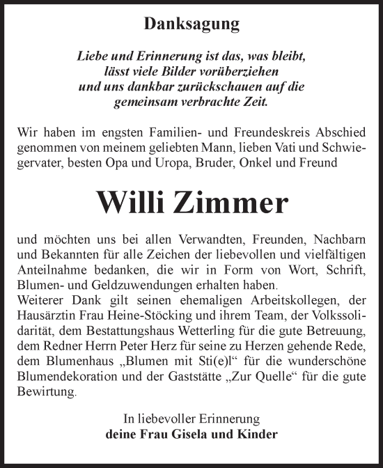 Traueranzeige von Willi Zimmer von Volksstimme Staßfurt
