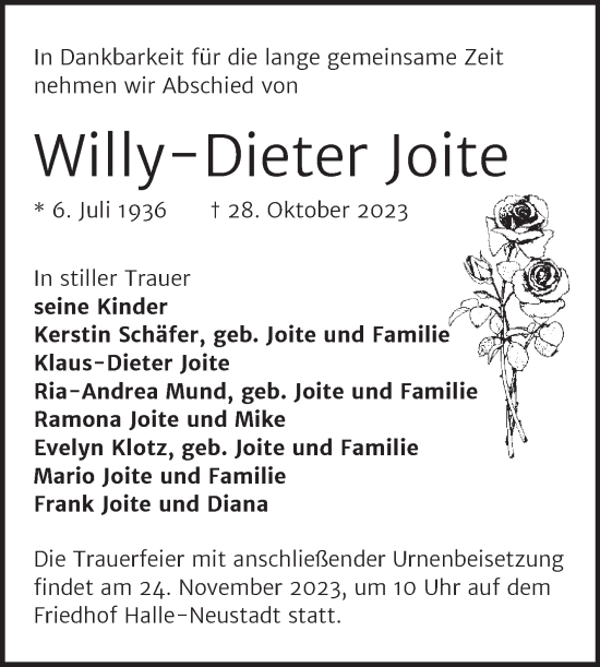 Traueranzeige von Willy-Dieter Joite von Mitteldeutsche Zeitung Halle/Saalkreis