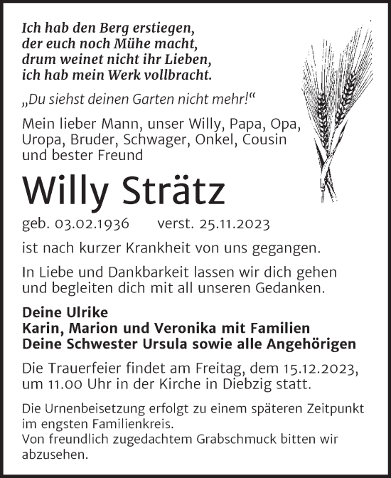 Traueranzeige von Willy Strätz von Trauerkombi Köthen