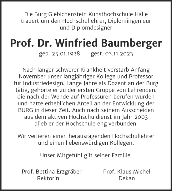 Traueranzeige von Winfried Baumberger von Mitteldeutsche Zeitung Halle/Saalkreis