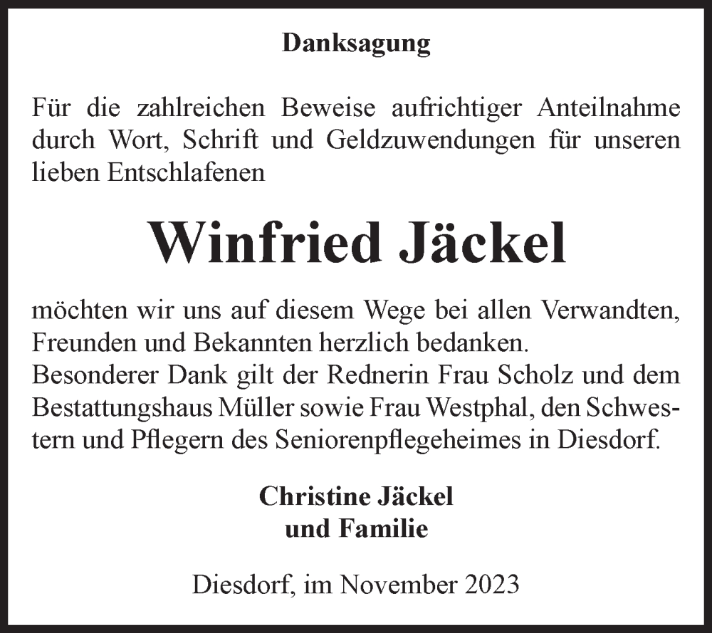 Traueranzeigen von Winfried Jäckel www.abschiednehmen.de