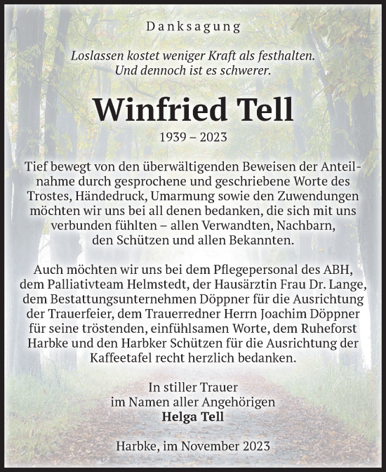 Traueranzeige von Winfried Tell von Volksstimme Oschersleben/Wanzleben