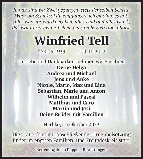 Traueranzeige von Winfried Tell von Volksstimme Oschersleben/Wanzleben