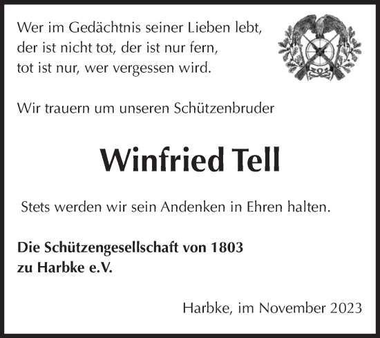 Traueranzeige von Winfried Tell von Volksstimme Oschersleben/Wanzleben