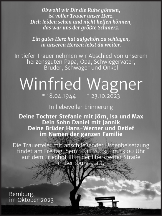 Traueranzeige von Winfried Wagner von Trauerkombi Bernburg