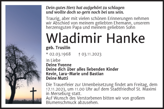 Traueranzeige von Wladimir Hanke von Trauerkombi Merseburg