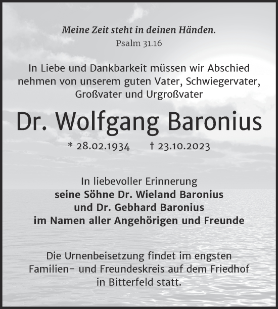 Traueranzeige von Wolfgang Baronius von Trauerkombi Bitterfeld